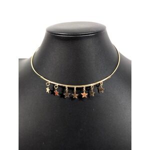 American Eagle Gold Tone Star Charm Necklace Bar Chain Choker 17"